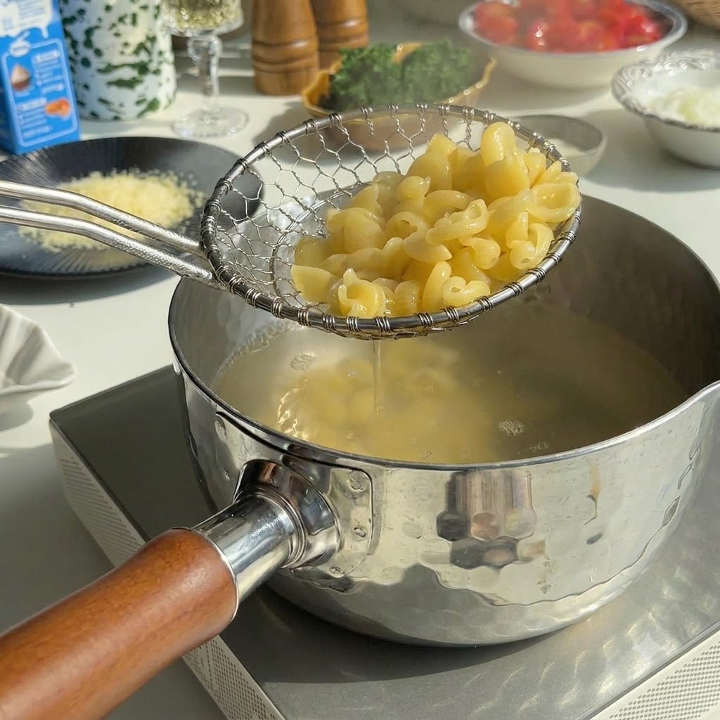 Pezzi di salmone saltati in padella con olio caldo fino a doratura e girati con le pinze.