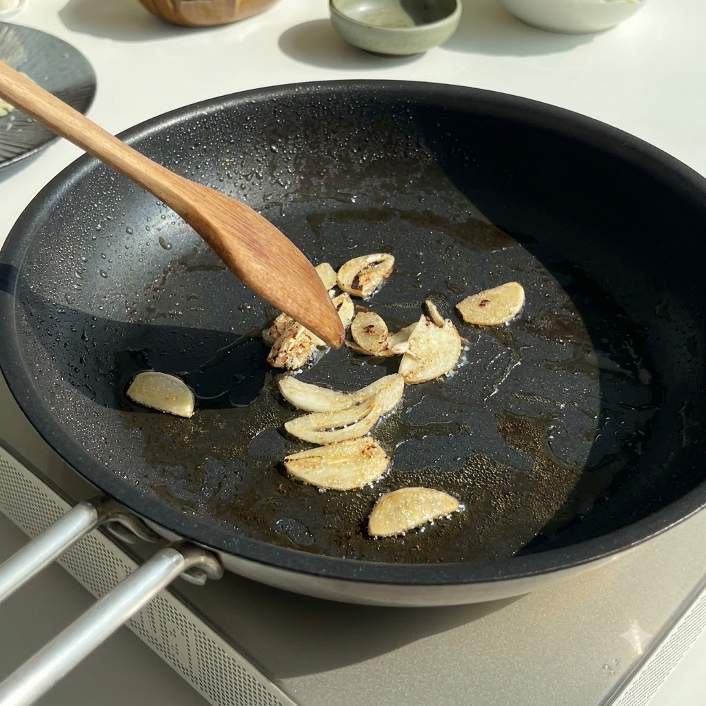 Aglio affettato e cipolle tritate fatti saltare in una padella usando una spatola di legno.