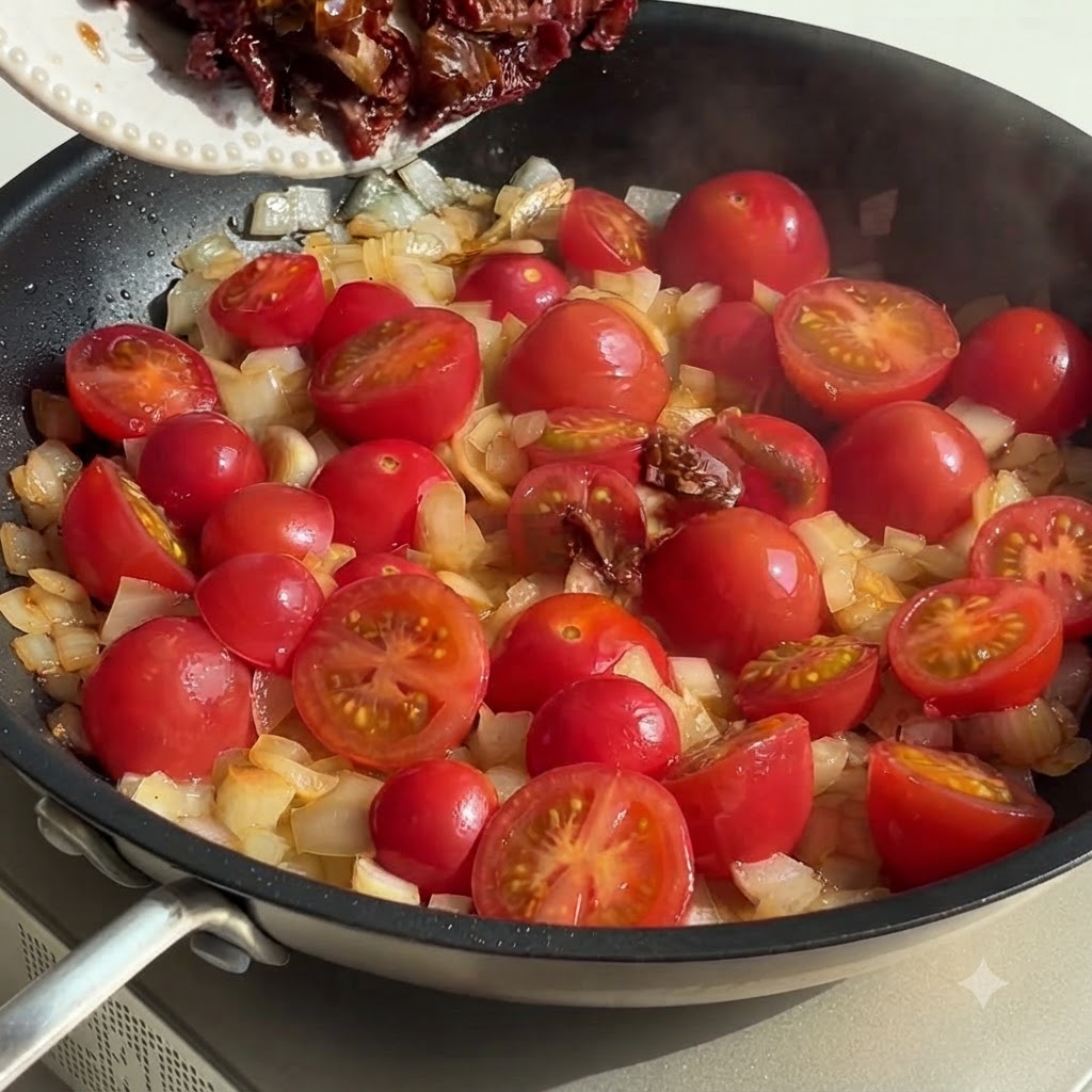 Pomodori secchi aggiunti con le pinze nella padella con pomodori e cipolle, mescolati bene.