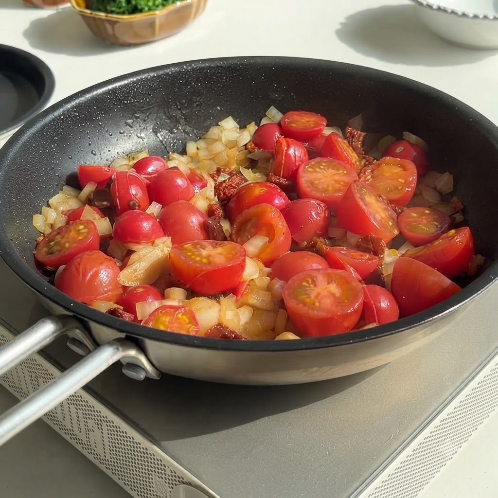 Acqua versata da un contenitore in una padella riempita con pomodorini tagliati a metà e cipolle tritate.