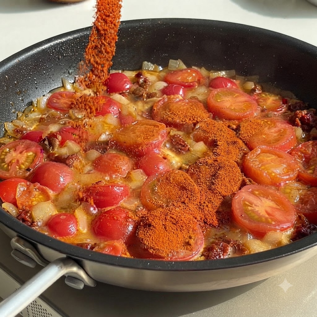 Peperoncino in polvere versato da un contenitore in una padella ribollente di pomodori e cipolle.