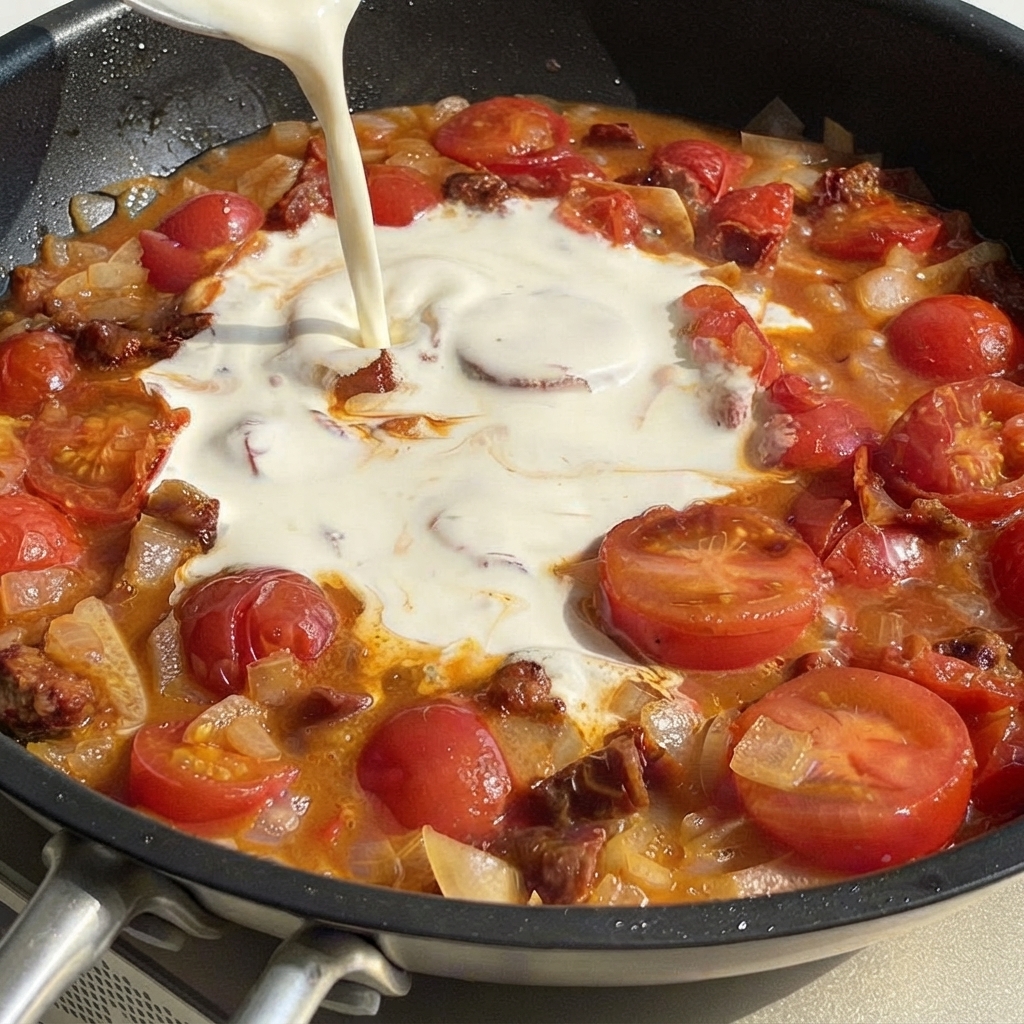 Panna da cucina versata da un cartone al centro di una padella ribollente di pomodori e verdure.