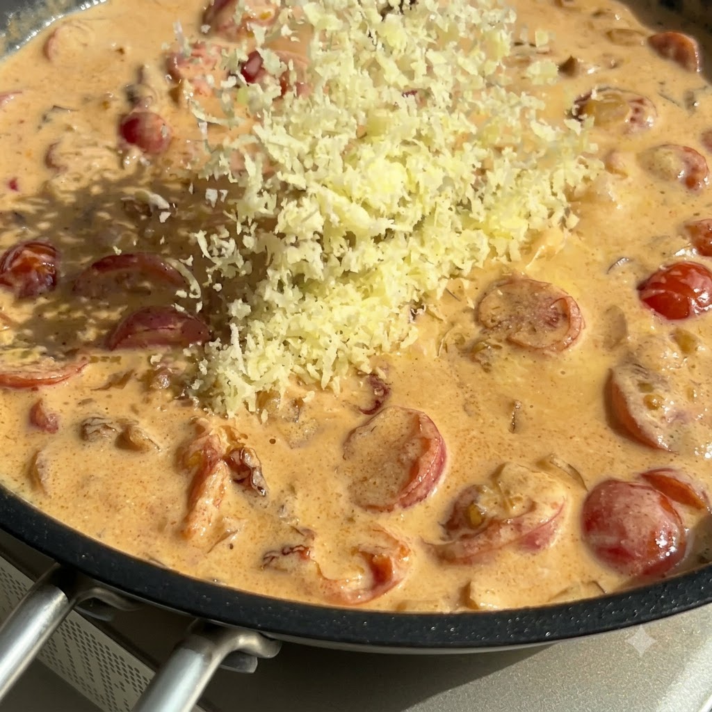 Formaggio parmigiano grattugiato cosparso su una salsa arancione cremosa in una padella, con una spatola di legno vicina.