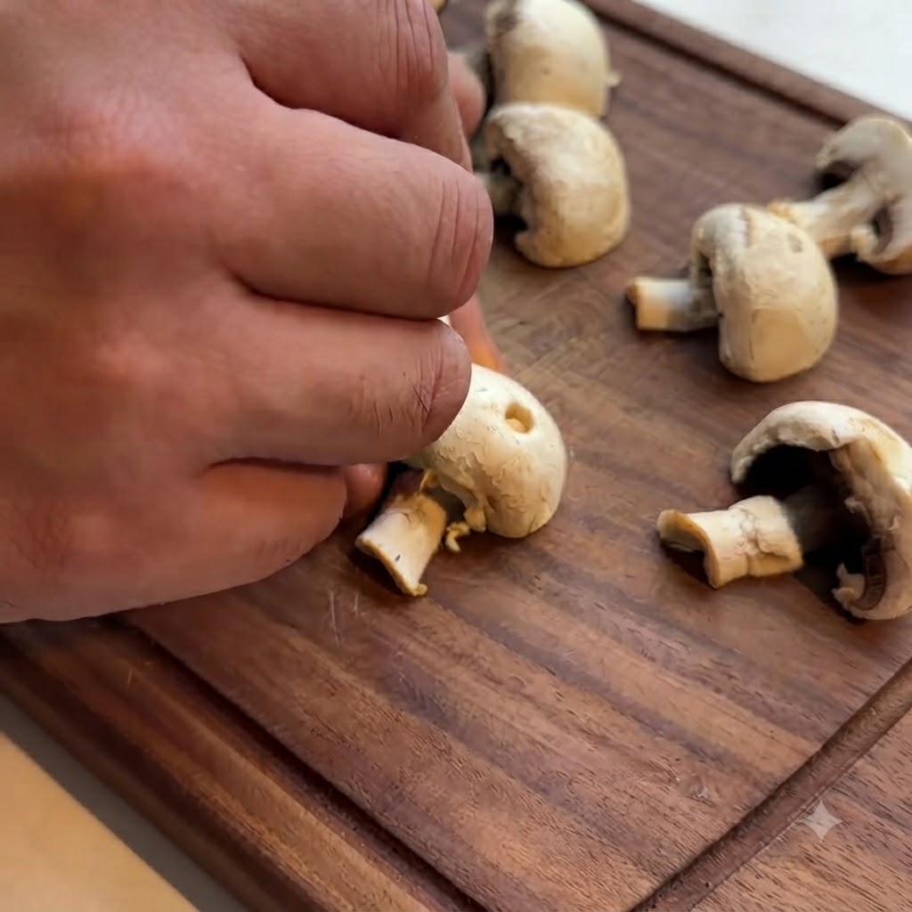 Una mano che usa un piccolo strumento per intagliare i tratti del viso su un fungo champignon bianco su un tagliere di legno.