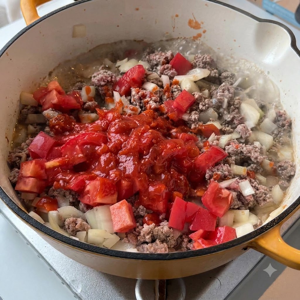 Pomodori rossi a cubetti e vivace salsa di pomodoro versata sopra la carne e le cipolle rosolate in padella.