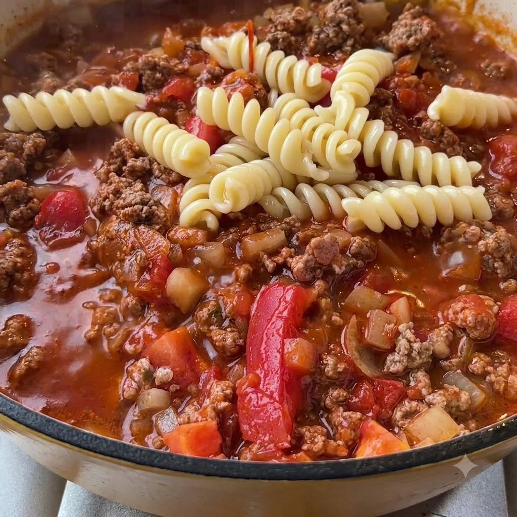 Pasta fusilli a spirale cotta adagiata sopra un ricco sugo bollente di carne rossa e pomodoro.