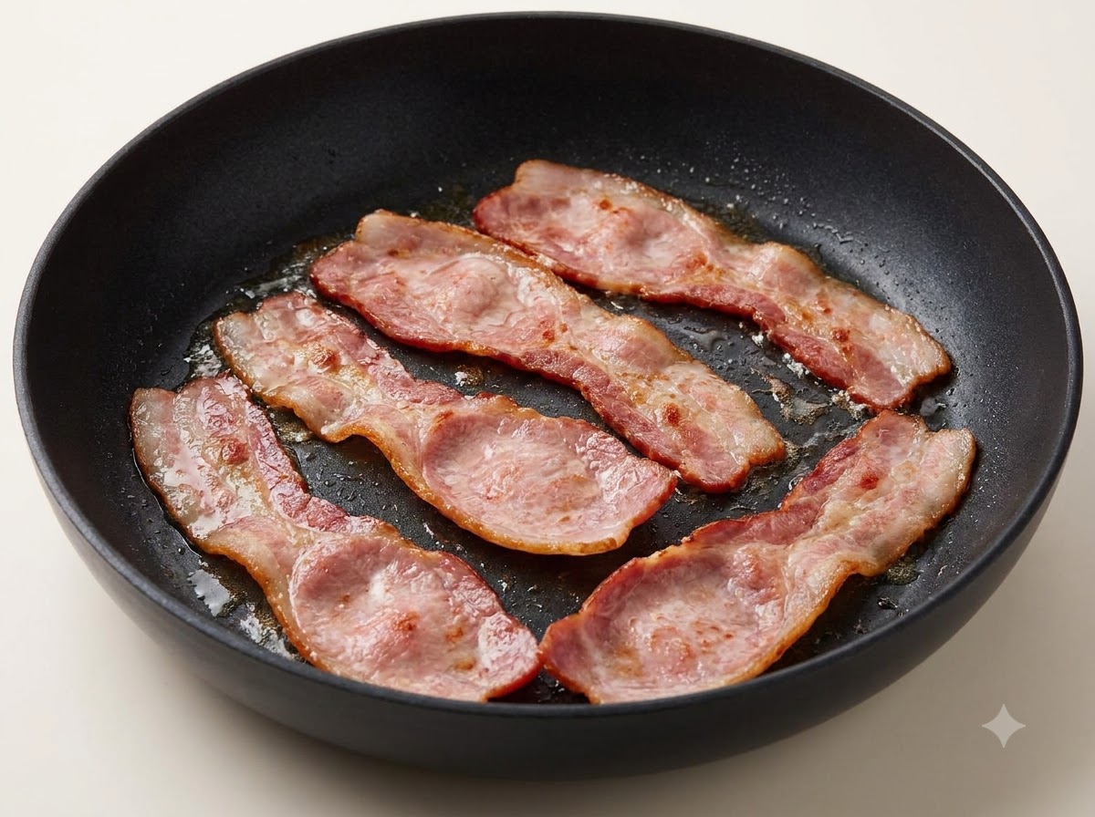 Strisce di pancetta che friggono e sfrigolano in una padella nera.