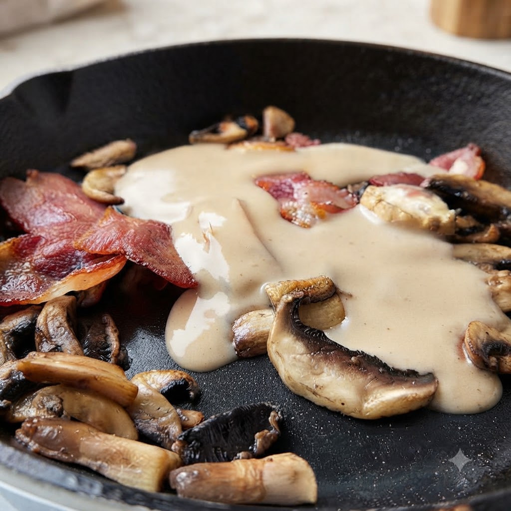 Zuppa di funghi cremosa versata in una padella con pancetta cotta e funghi.