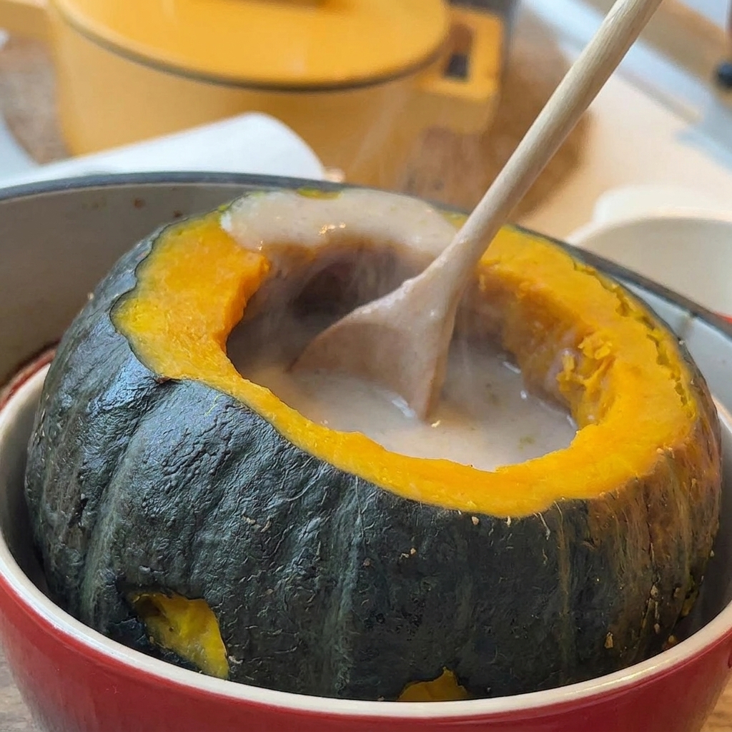 Zuppa cremosa calda raccolta con un mestolo in un contenitore di mini zucca intagliata.
