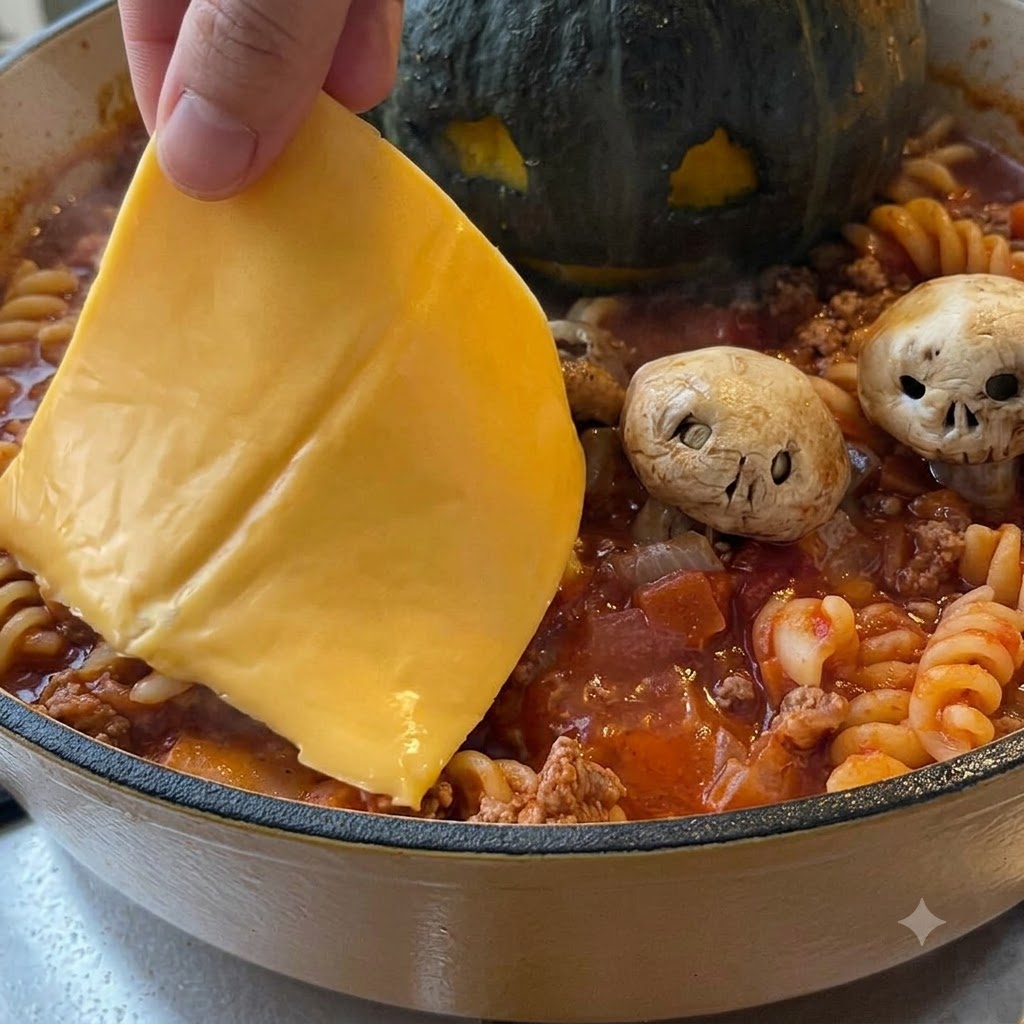 Una mano che posiziona una fetta di formaggio giallo sulla pasta calda per creare una guarnizione a forma di fantasma.