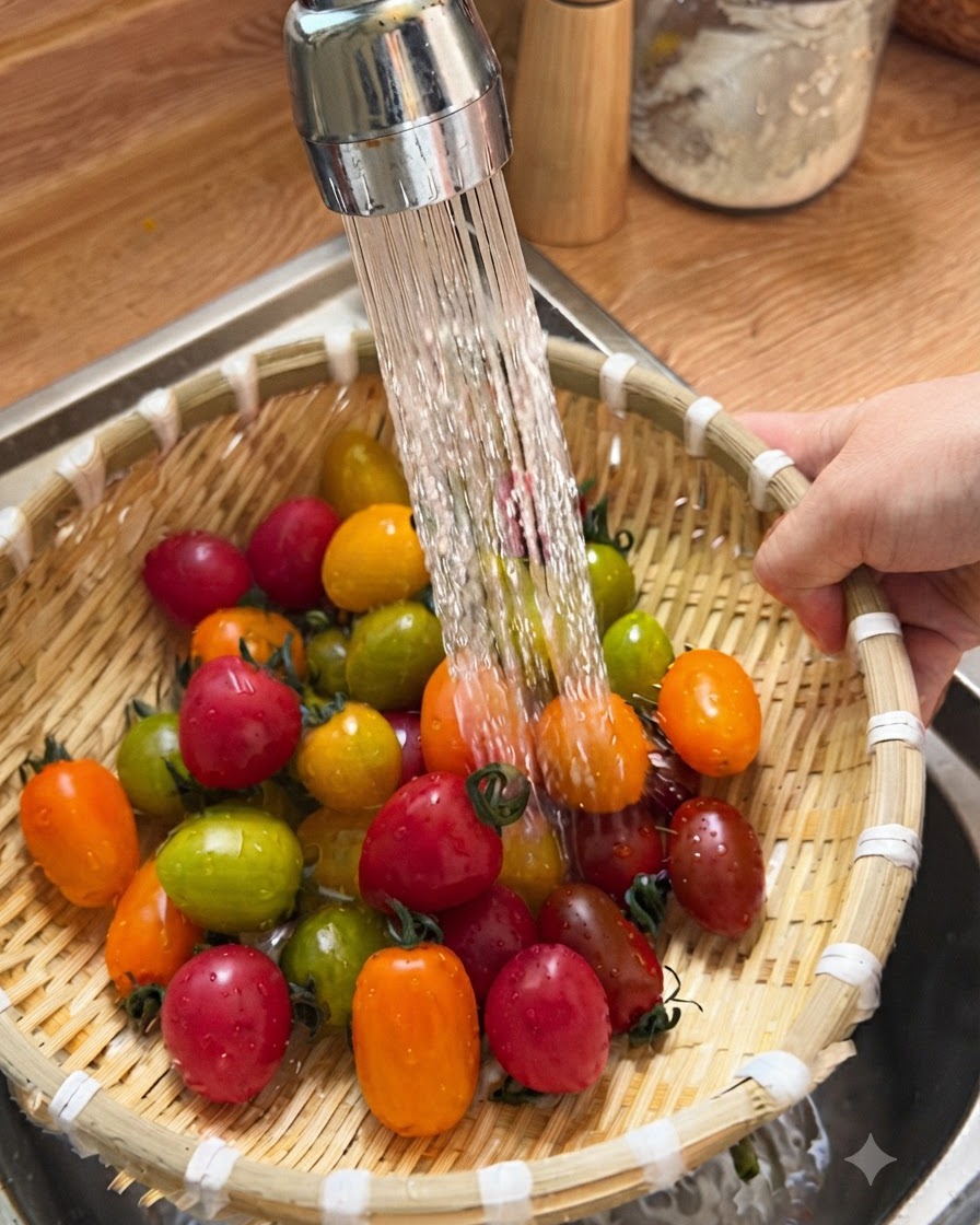 Un colino di bambù pieno di pomodorini colorati risciacquati sotto lacqua corrente del rubinetto della cucina.