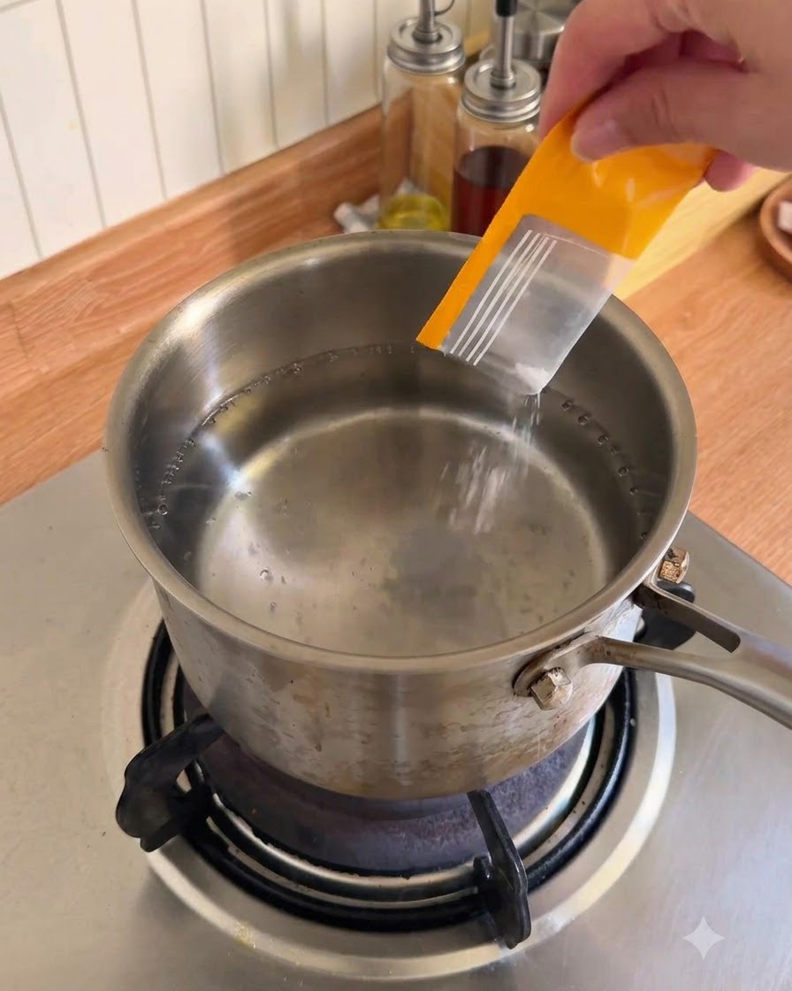 Una mano che versa condimento e olio da una bustina gialla in una pentola di acqua bollente sul fuoco.