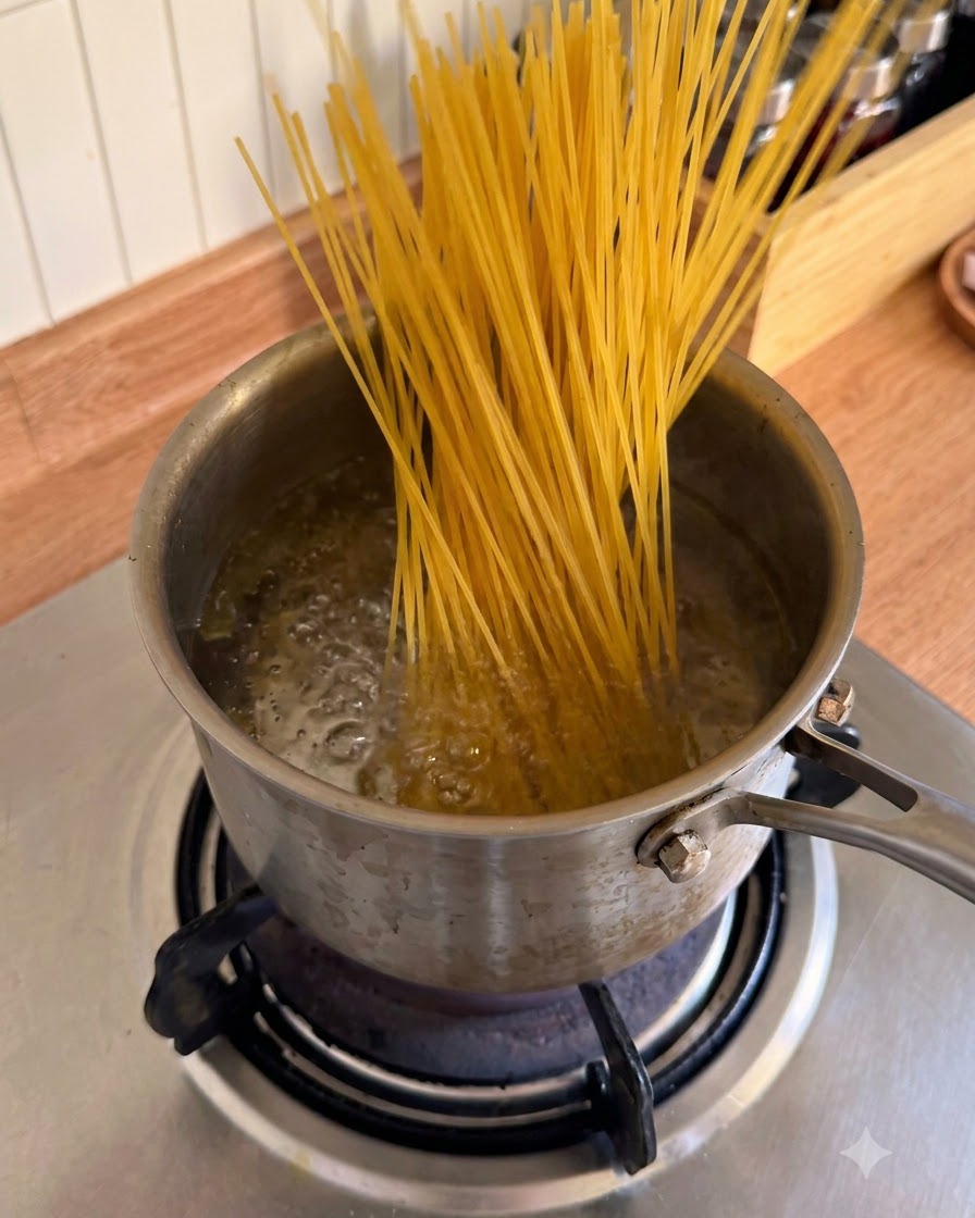 Bastoncini di spaghetti secchi inseriti in una pentola di acqua bollente e frizzante.