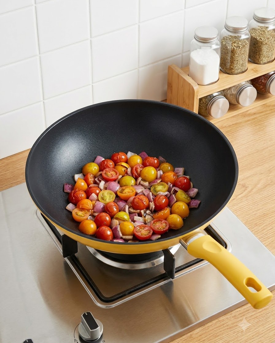 Pomodorini tagliati a metà versati da una ciotola bianca in un wok con cipolle soffritte.