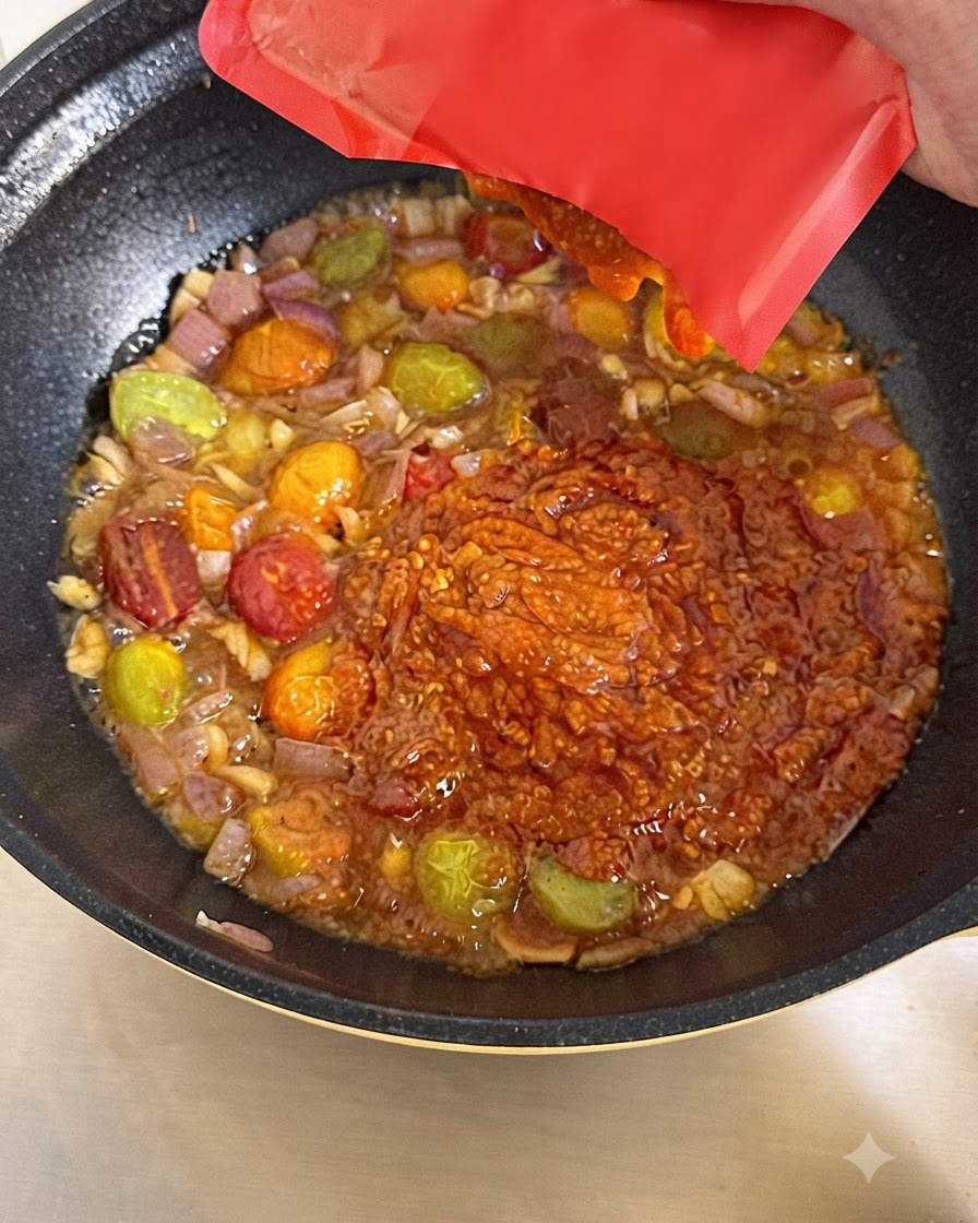 Salsa di carne rossa spremuta da una bustchetta in un wok pieno di verdure e brodo in ebollizione.