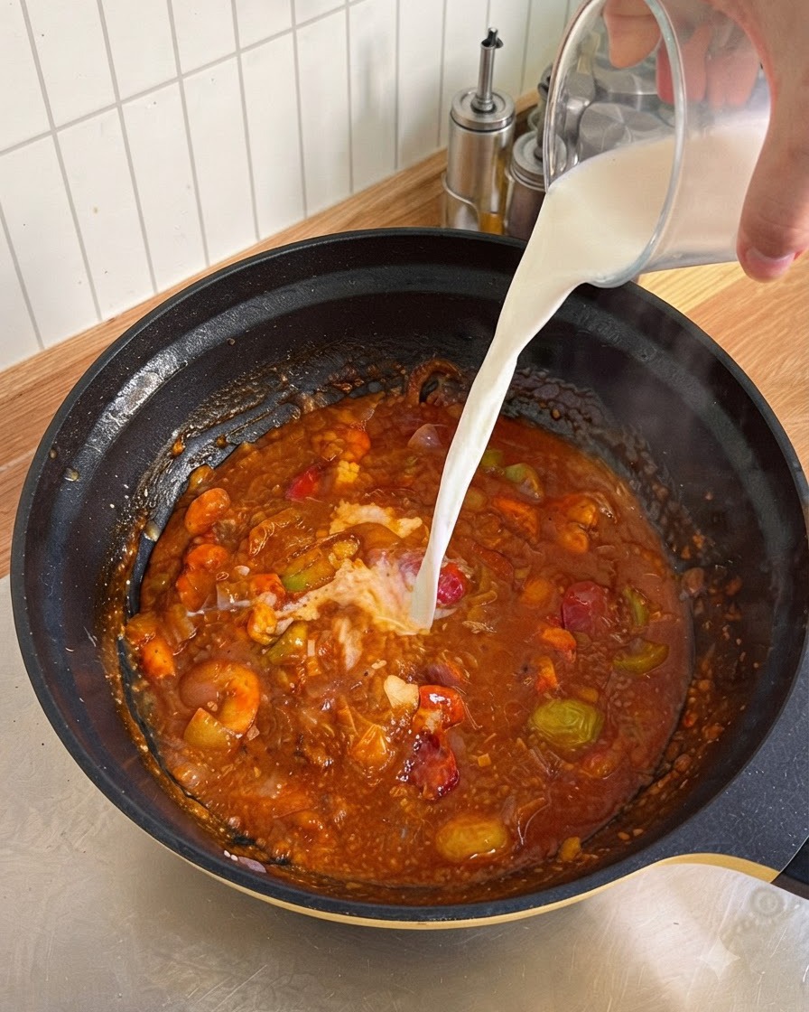 Latte versato da un misurino di vetro in una padella di salsa di pomodoro e verdure in ebollizione.