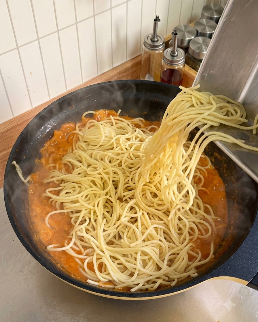 Spaghetti bolliti fatti scivolare da un vassoio di metallo in una grande padella di salsa di pomodoro cremosa.