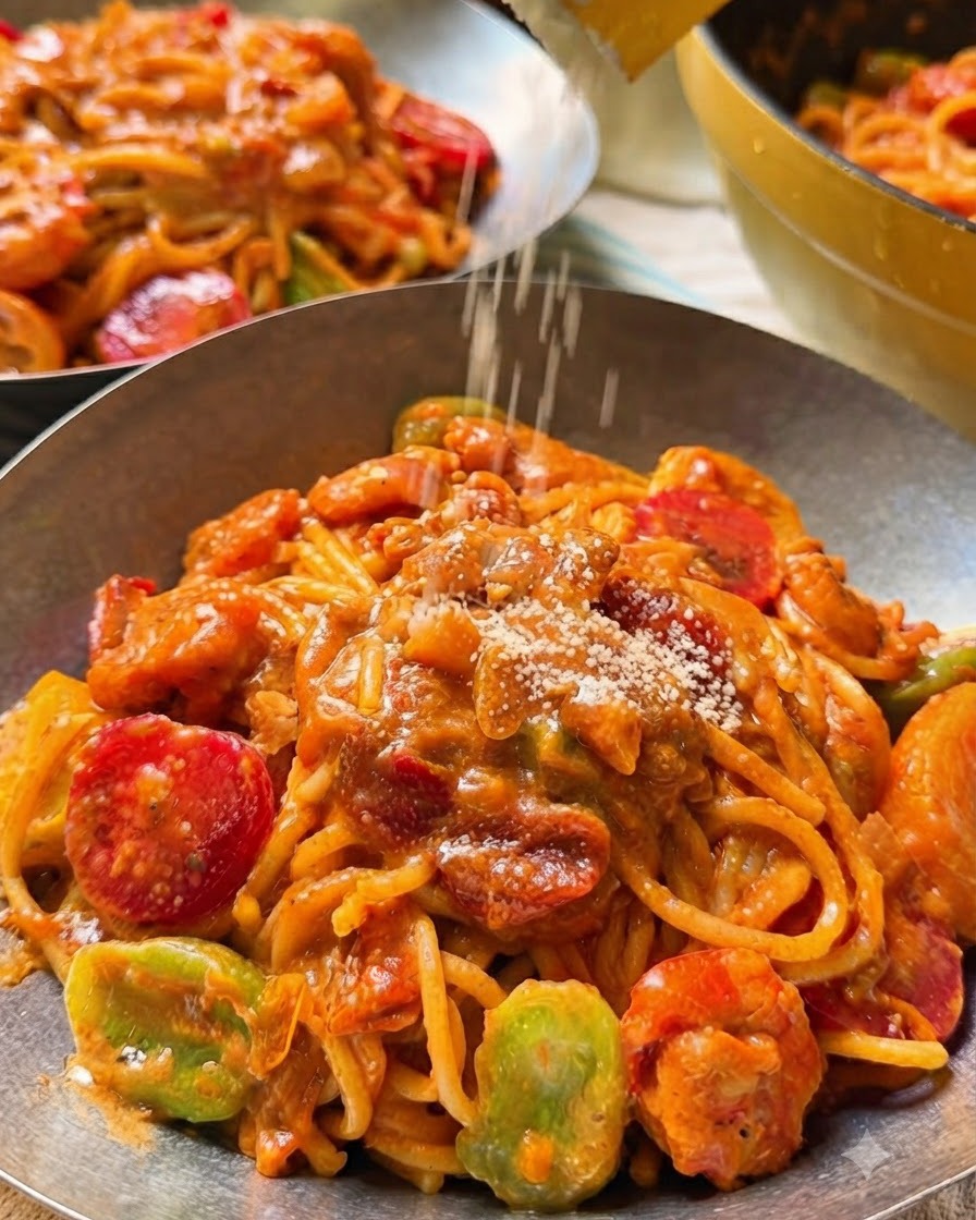 Formaggio in polvere secco cosparso dallalto su una ciotola di pasta cremosa al pomodoro impiattata.