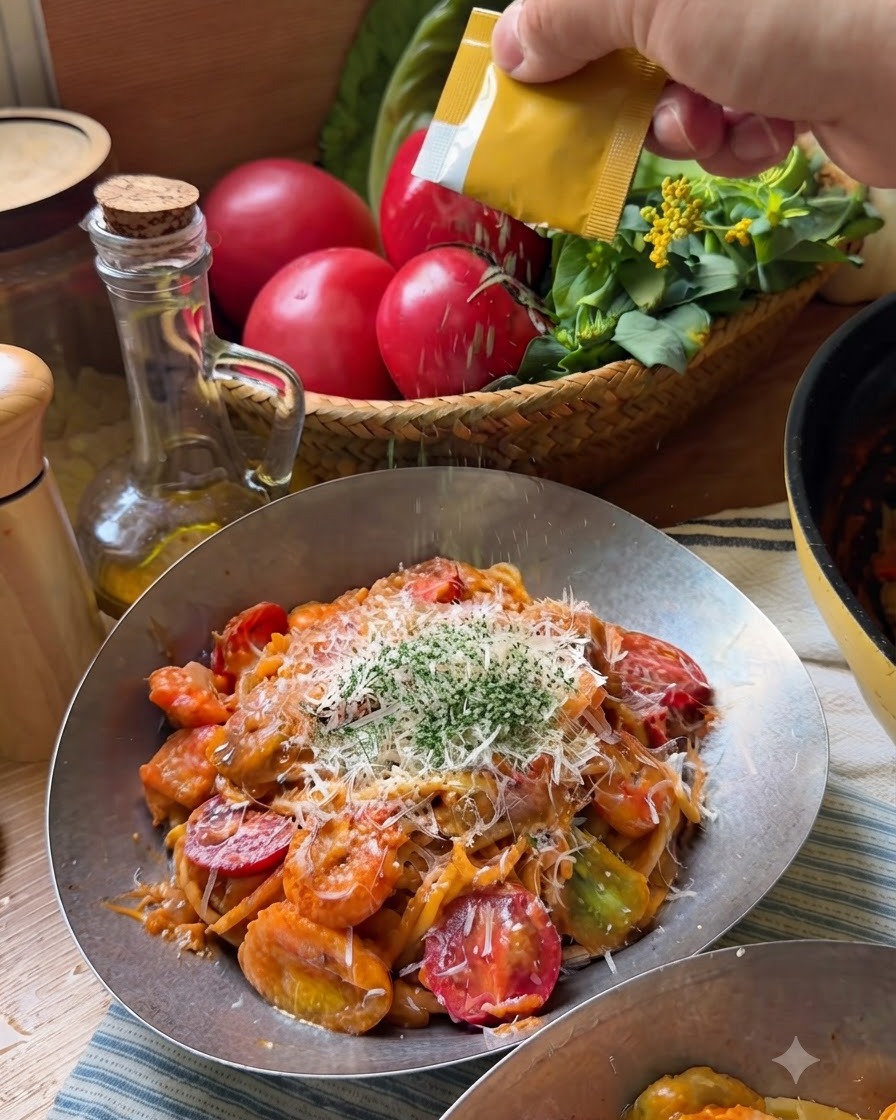 Una piccola bustina gialla tenuta sopra una ciotola di pasta, che sparge fiocchi di prezzemolo verde essiccato sul formaggio sciolto e sui pomodorini.