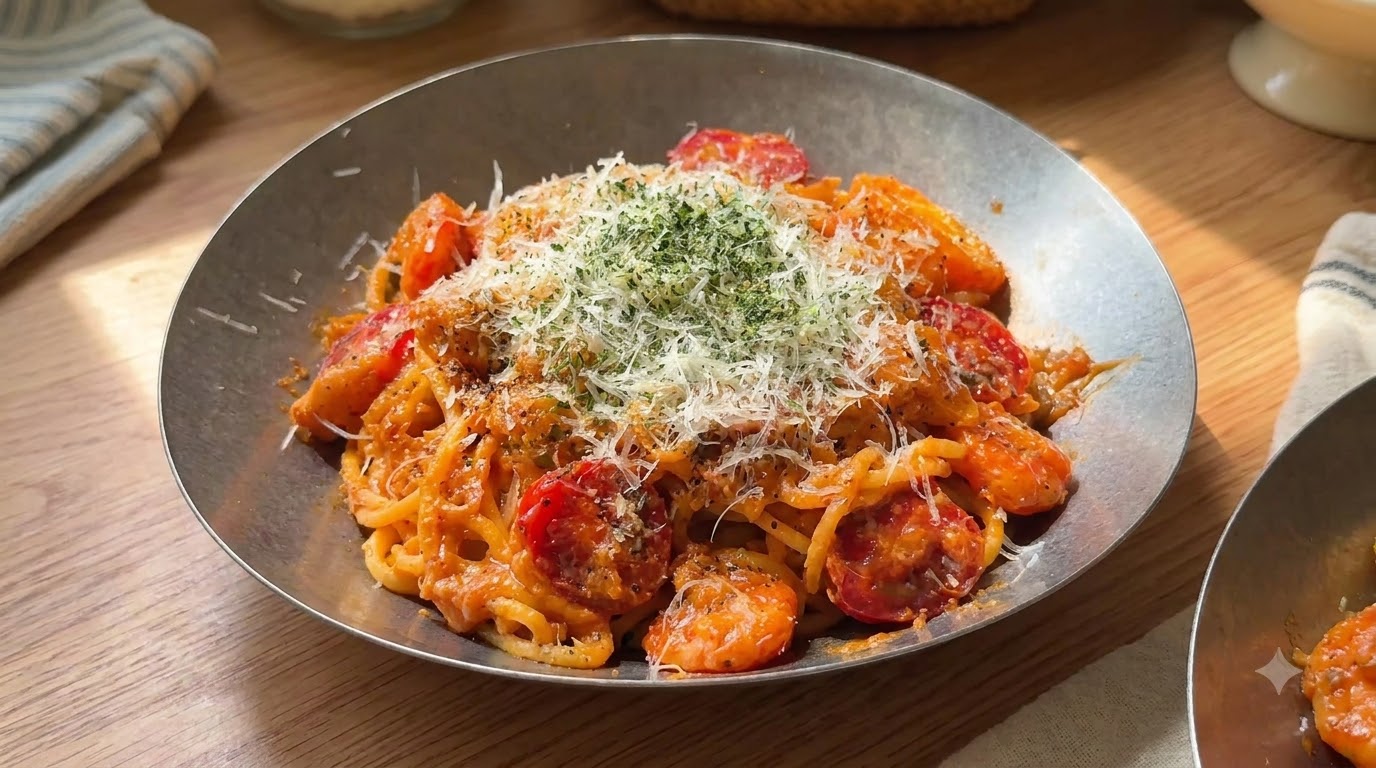 Due generose porzioni di pasta cremosa ai gamberi e pomodorini, guarnite con formaggio grattugiato e prezzemolo essiccato.