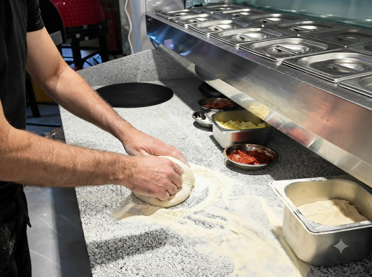 Primo piano di mani che stendono una palla di pasta per pizza su un piano di lavoro infarinato.