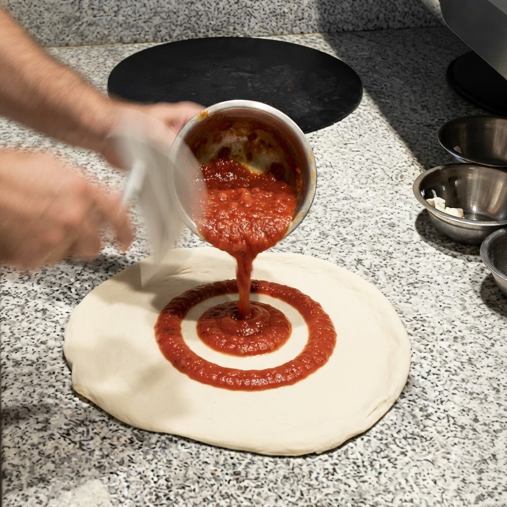 Salsa o pezzi di pomodori secchi distribuiti in cerchio sulla pasta per pizza.