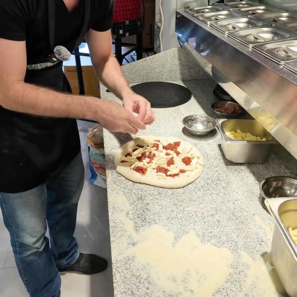 Tocchetti di formaggio di capra fresco disposti a mano sopra la pizza.