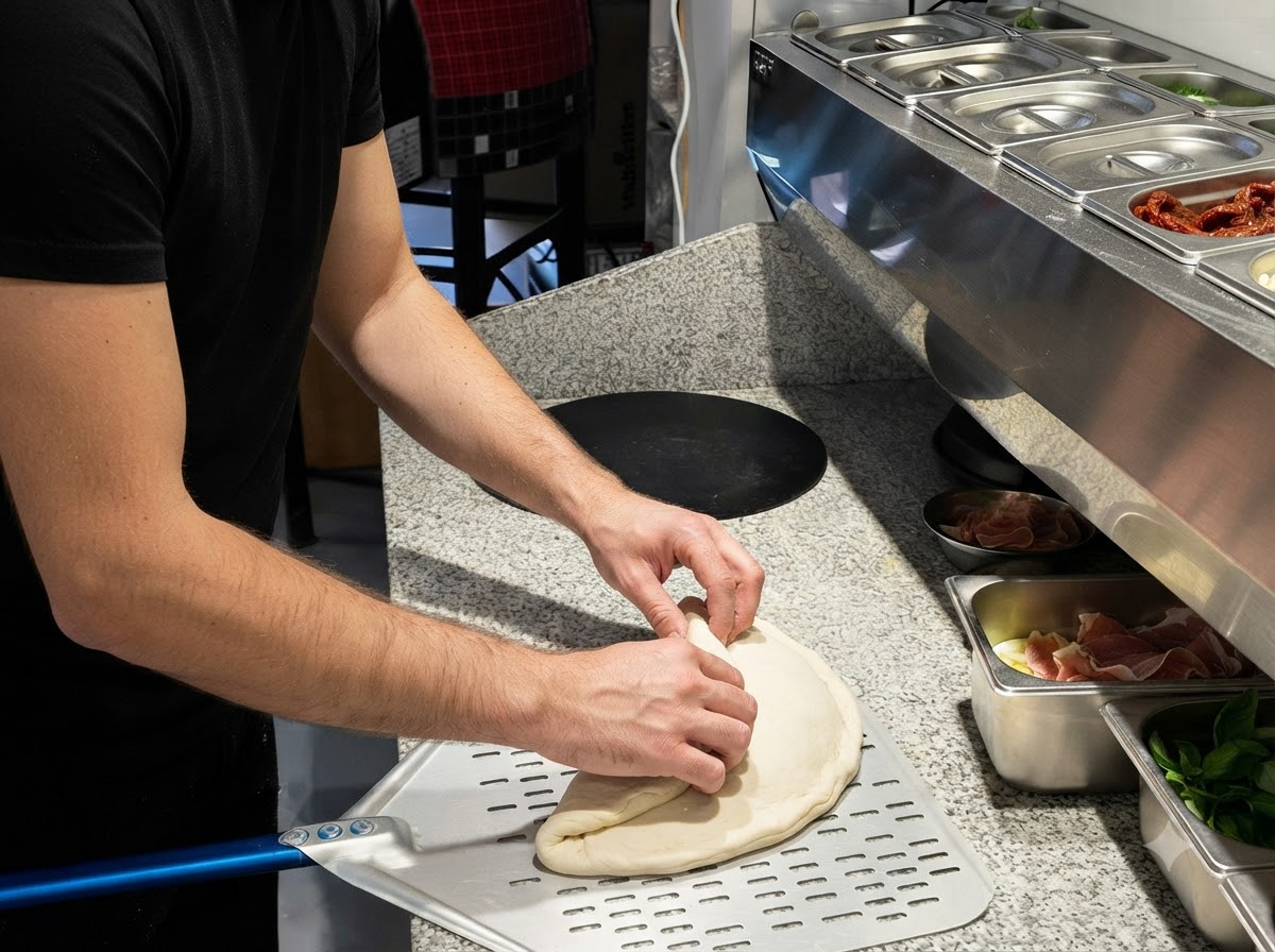Una pizza appoggiata su una pala di metallo pronta per essere fatta scivolare in un forno a cupola in pietra.