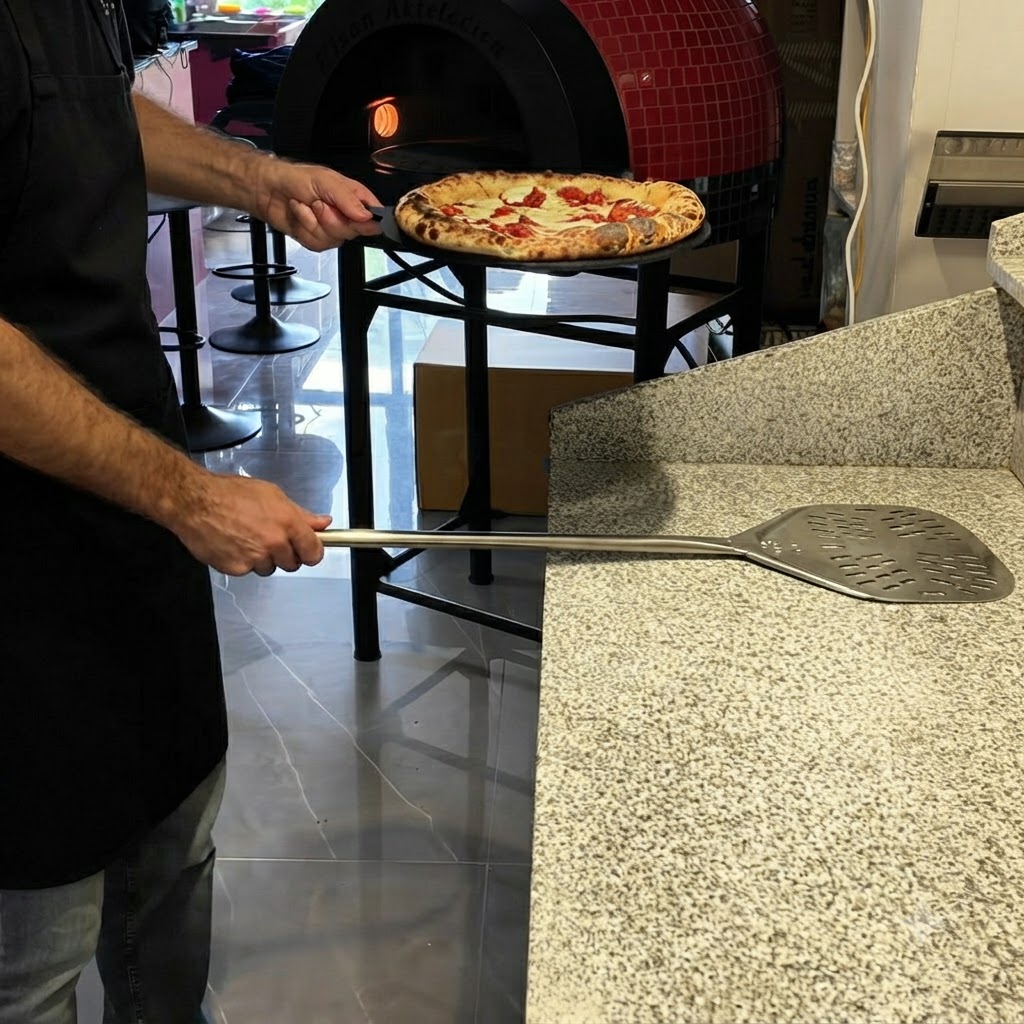 Una pizza appena sfornata vicino a un forno a mattoni con una pala di metallo sul bancone.