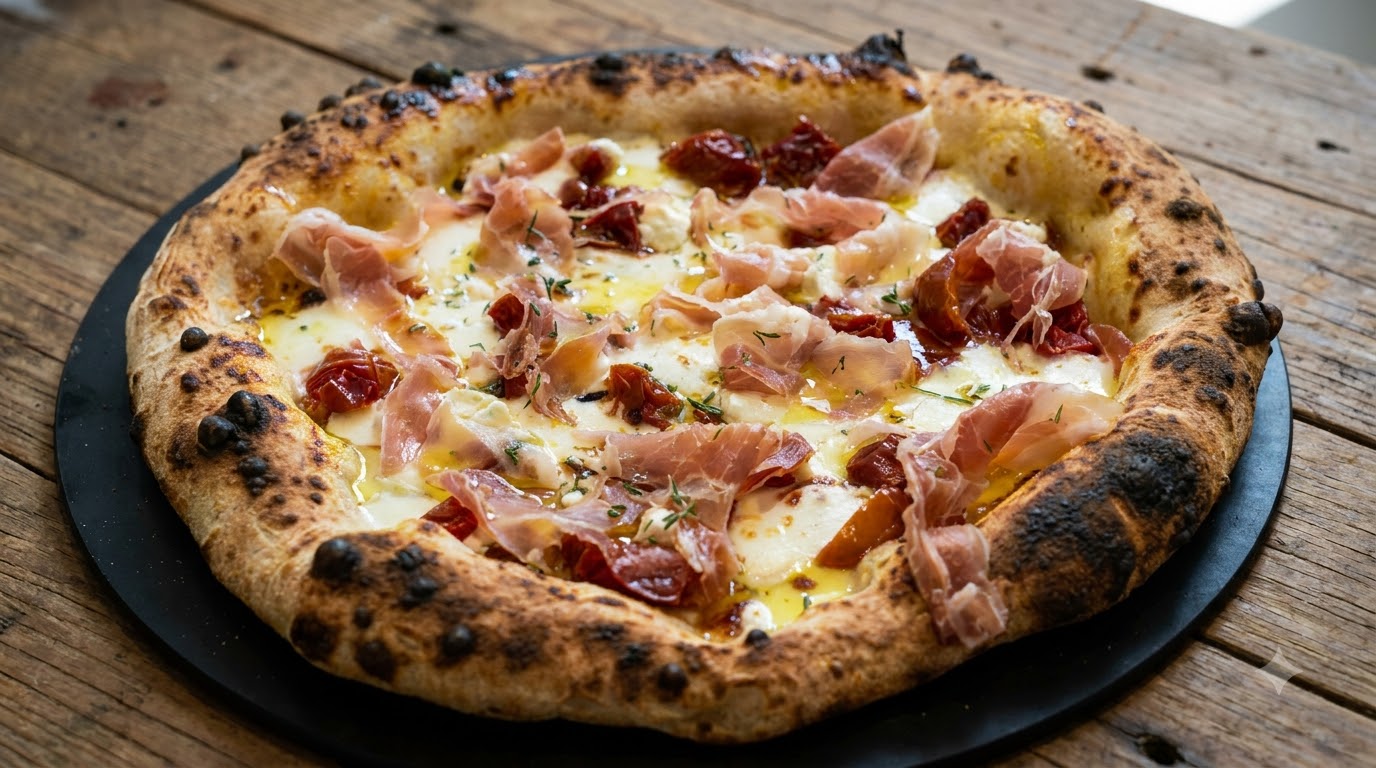 Pizza italiana con formaggio di capra e pancetta