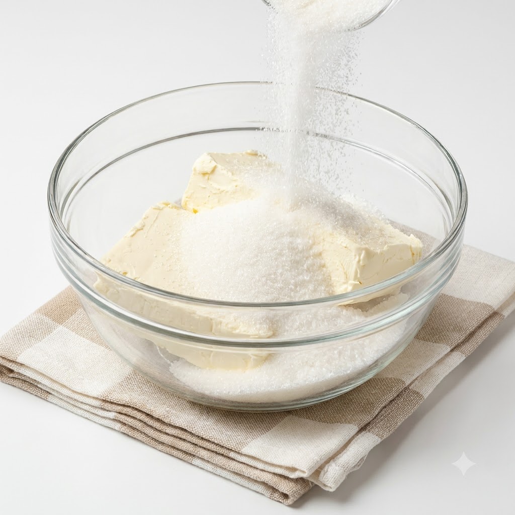 Crema di formaggio e zucchero bianco che si mescolano in una ciotola di vetro.