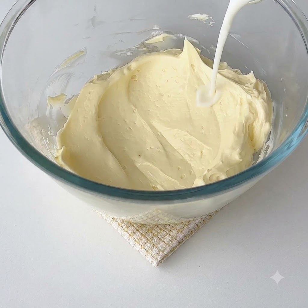 Composto di latte e gelatina versato nella crema di formaggio liscia.