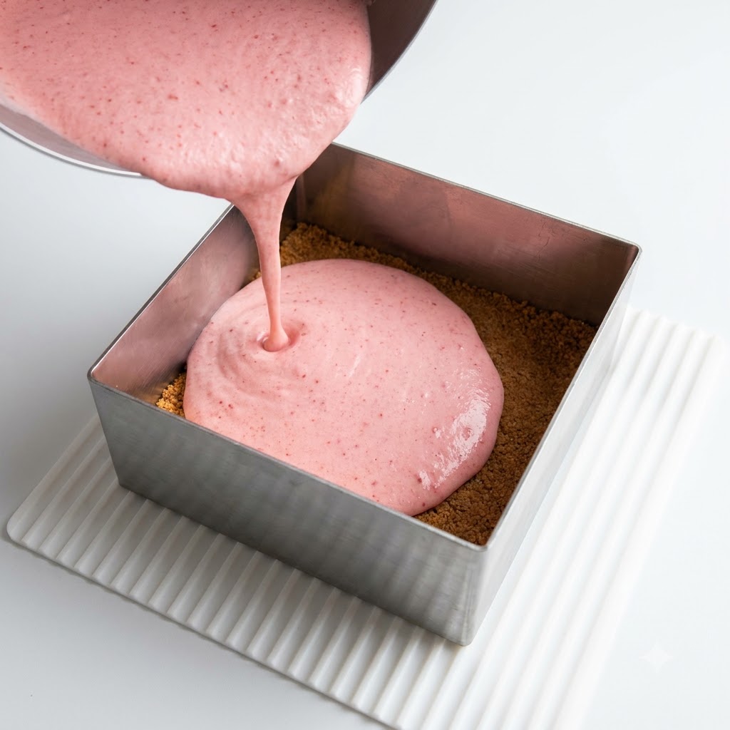 Pastella di mousse rosa versata da una ciotola in un anello per torta metallico quadrato contenente uno strato di biscotti sbriciolati.