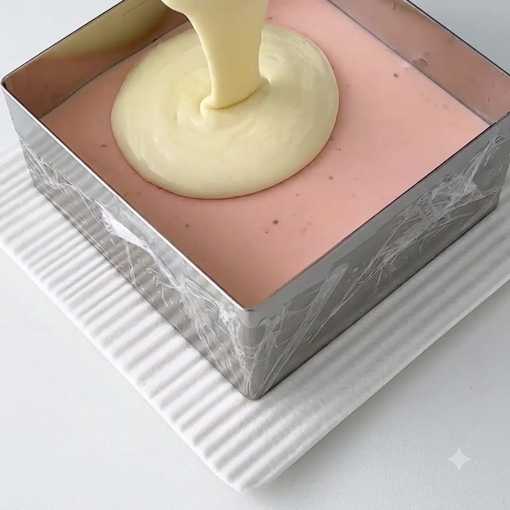 Pastella di formaggio bianco versata sopra lo strato di mousse rosa solidificato allinterno di uno stampo metallico quadrato.