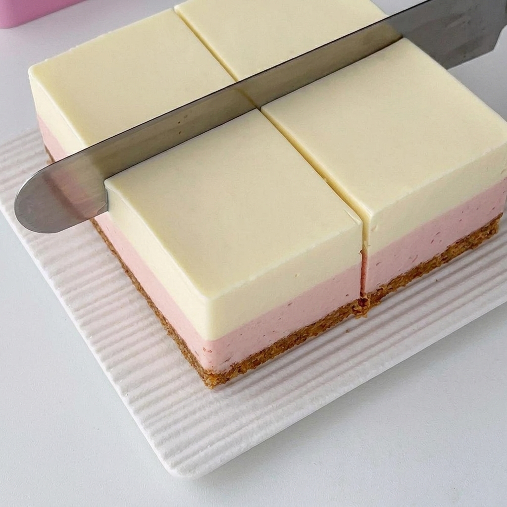 Un coltello da cucina lungo in metallo che taglia una cheesecake a strati completamente solidificata in quadrati uniformi su un tappetino bianco testurizzato.