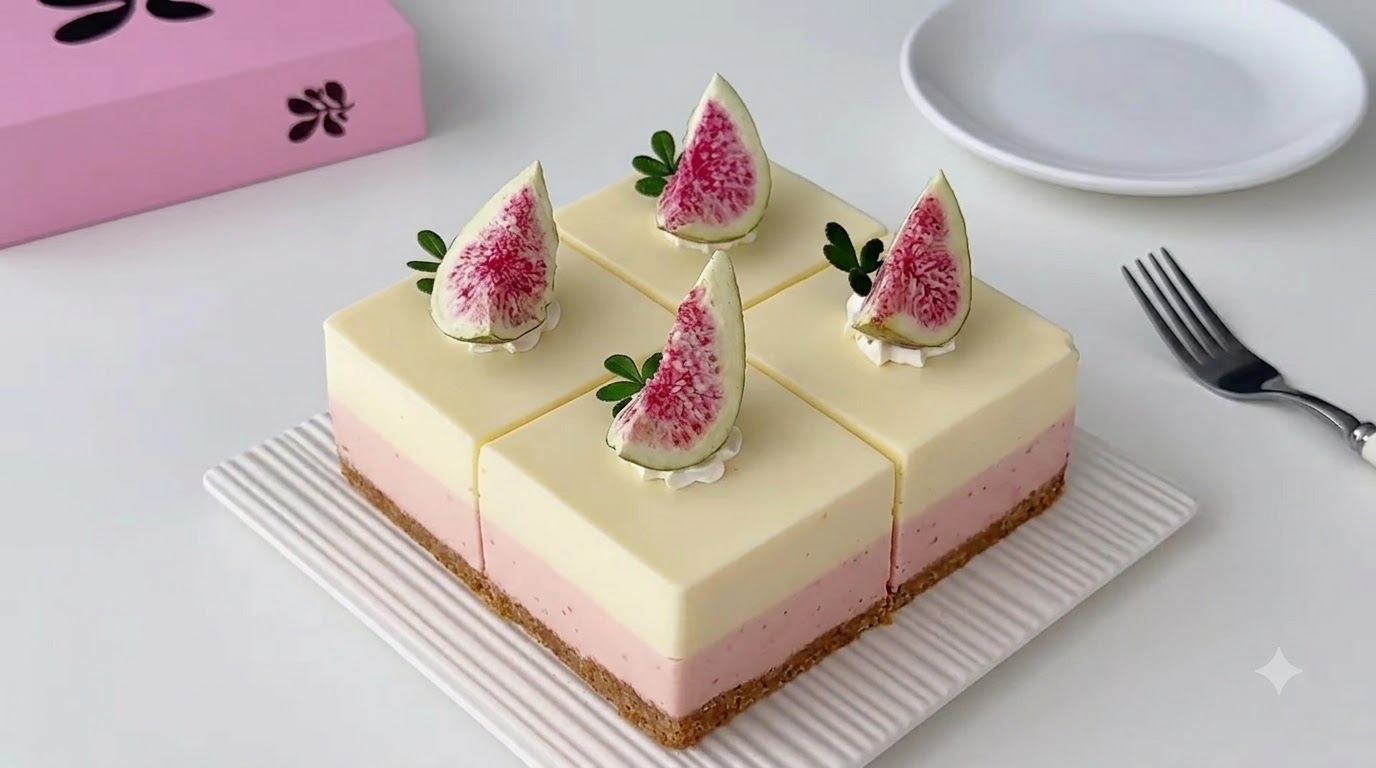 Fette quadrate di cheesecake a strati bianca e rosa guarnite con fette di fichi freschi su un piatto bianco croccantecite: 1.