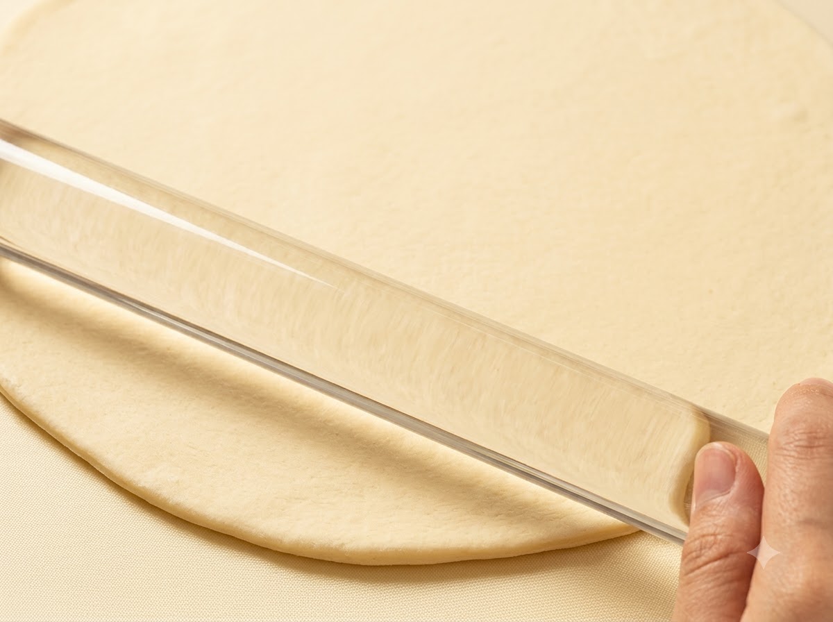 Un mattarello trasparente che appiattisce un pezzo di pasta per pizza rotondo e liscio su una superficie pulita.