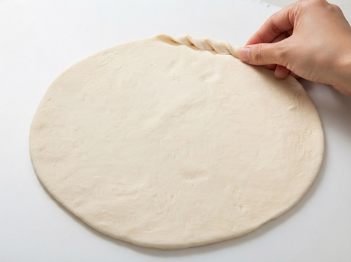 Una mano che pizzica e torce il bordo di un impasto per pizza rotondo e piatto per formare una crosta decorata.