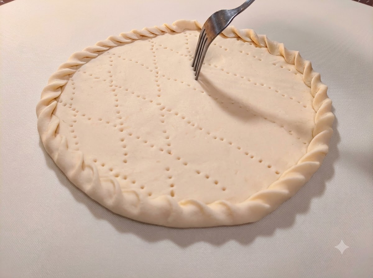 Una forchetta di metallo che fora file di piccoli fori al centro di una base di pasta per pizza modellata.