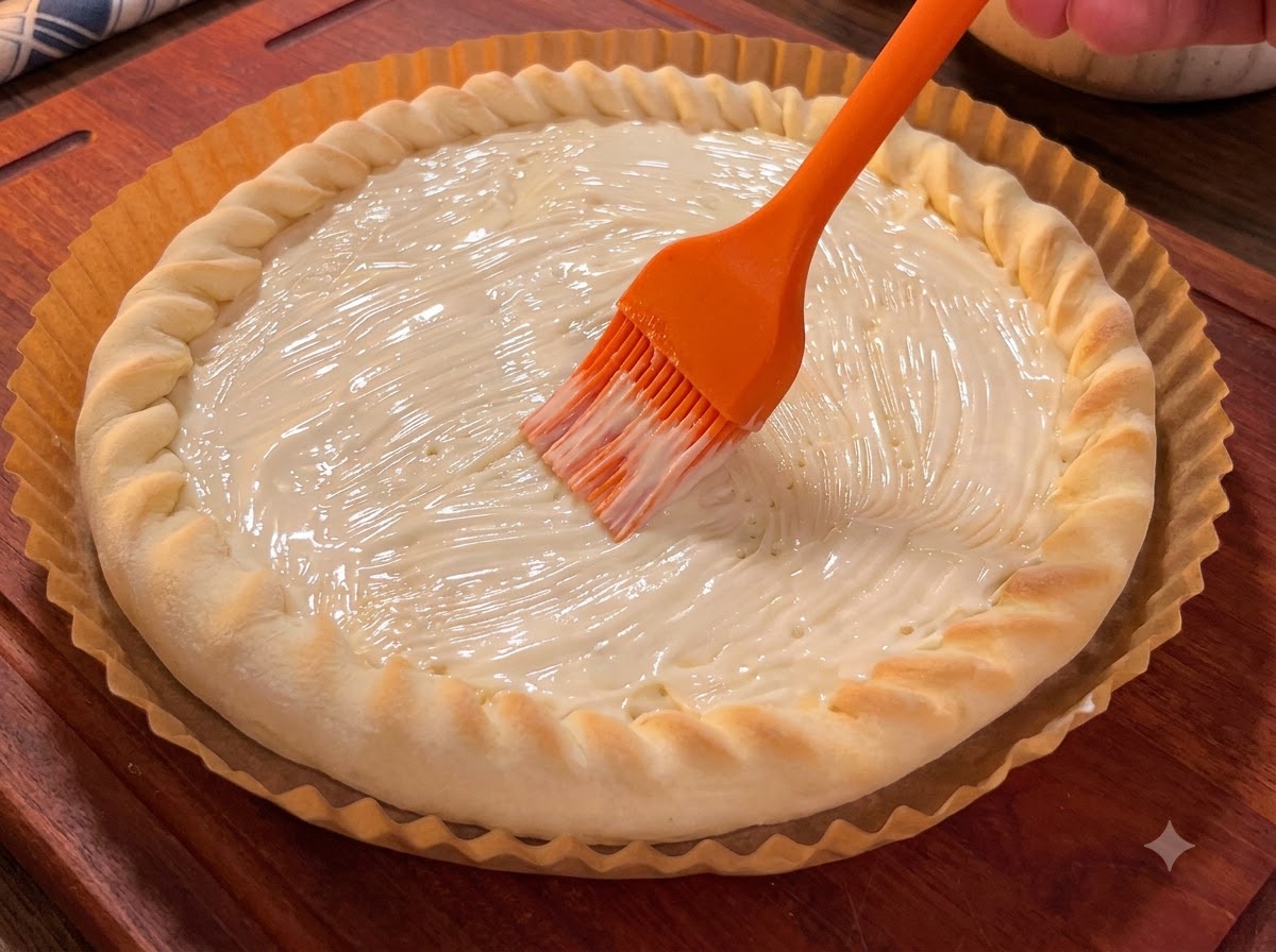 Un pennello che distribuisce uniformemente il condimento bianco per insalata sulla superficie di una base per pizza rotonda precotta.