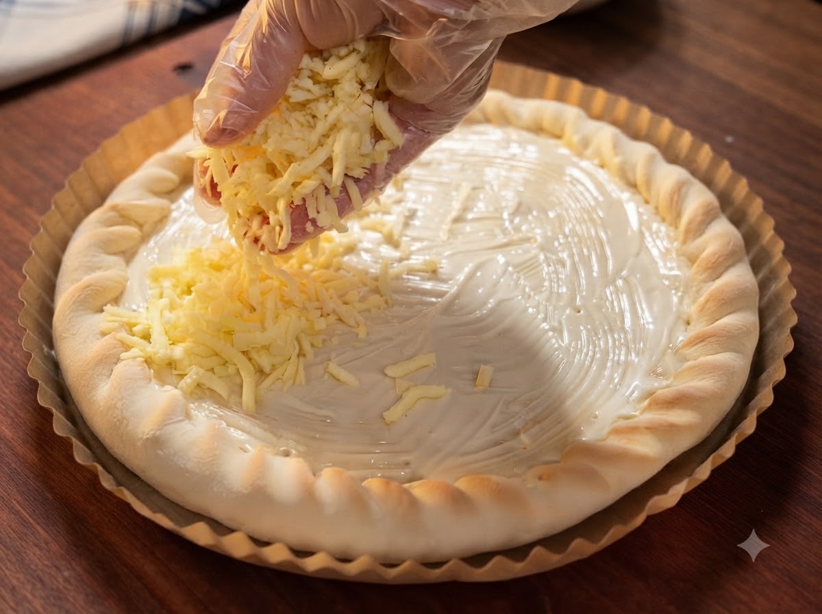 Una mano guantata che sparge formaggio mozzarella grattugiato sulla base della pizza coperta di condimento.
