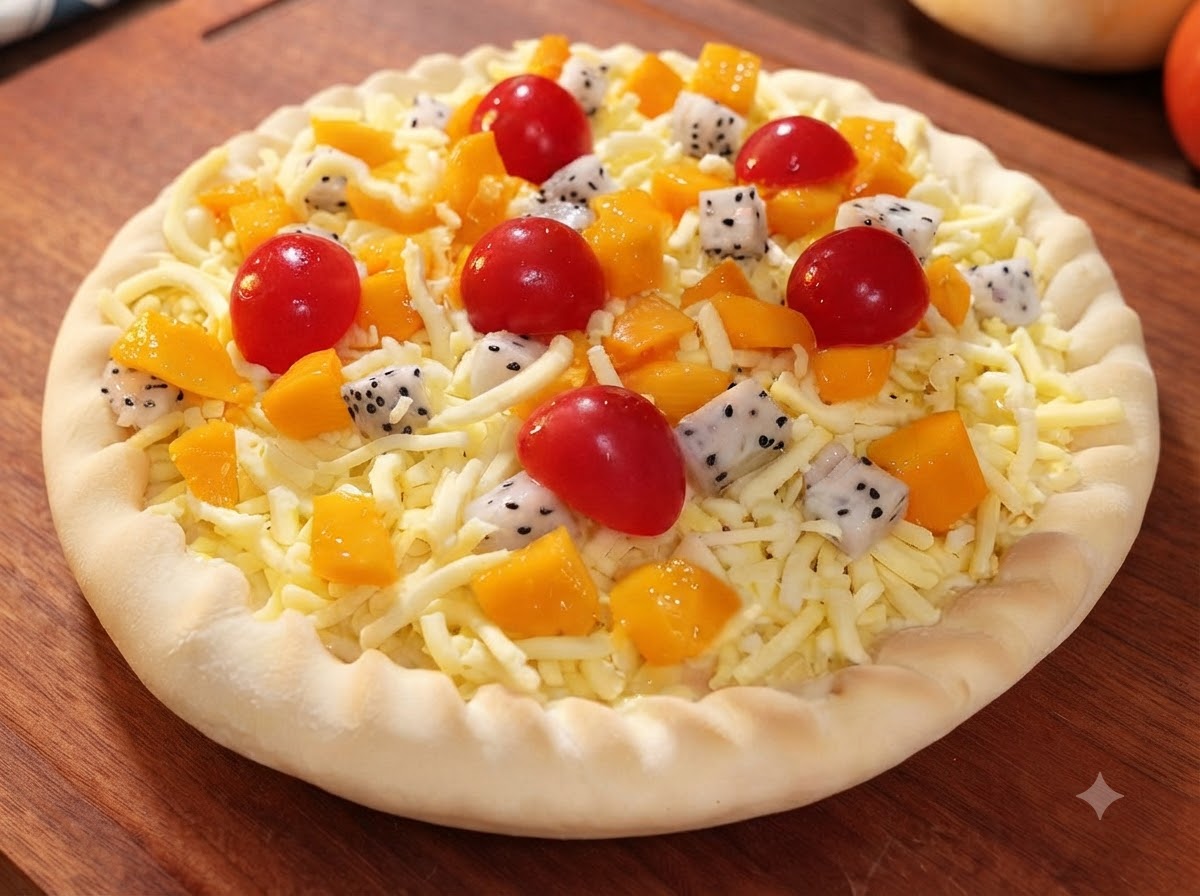 Una pizza coperta da un spesso strato di formaggio mozzarella grattugiato sopra gli ingredienti della frutta, pronta per la cottura.