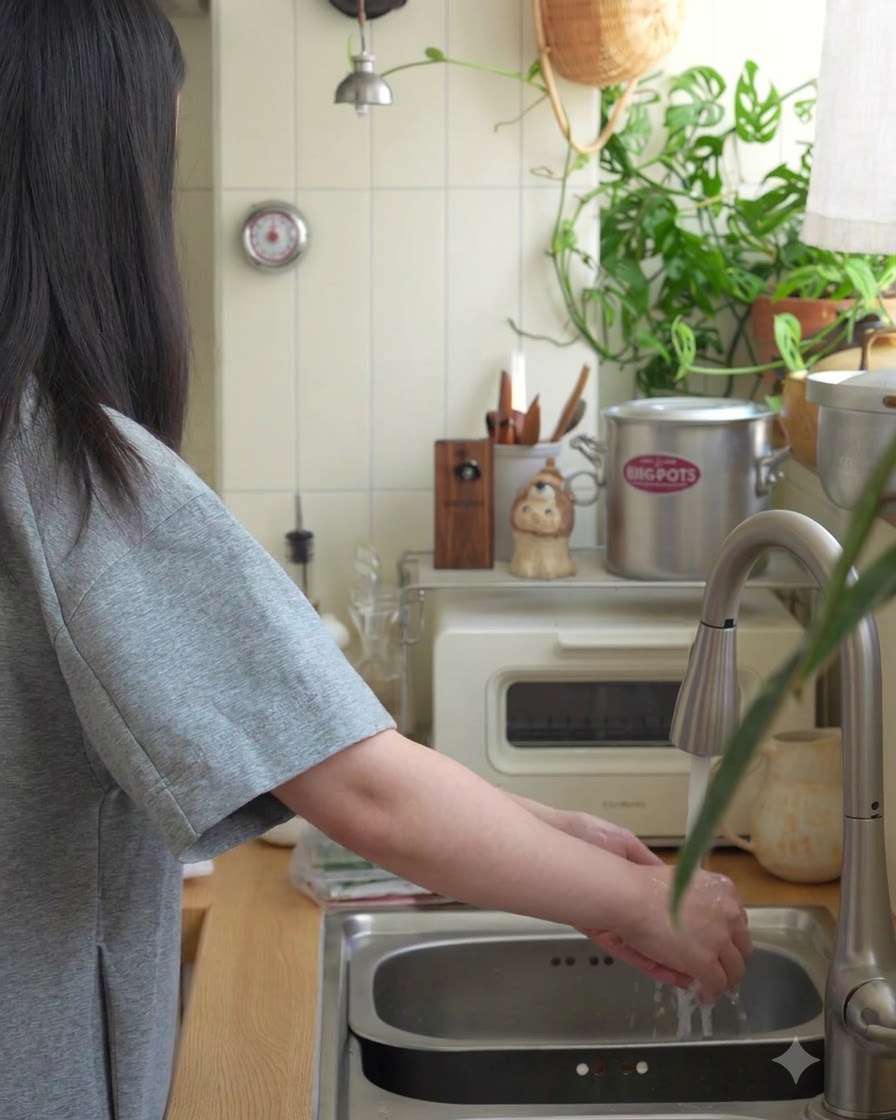Fichi freschi lavati sotto lacqua corrente del rubinetto della cucina con acqua pulita.