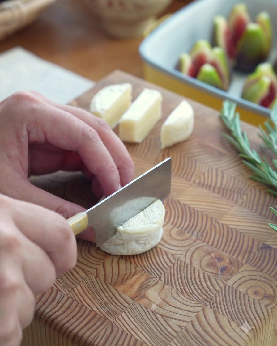 Un coltello da cucina che taglia una forma rotonda di mini formaggio brie su un tagliere di legno.
