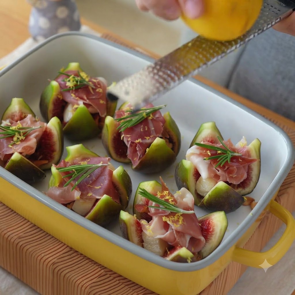 Miele dorato versato a filo sopra una pirofila riempita di fichi ripieni e prosciutto.
