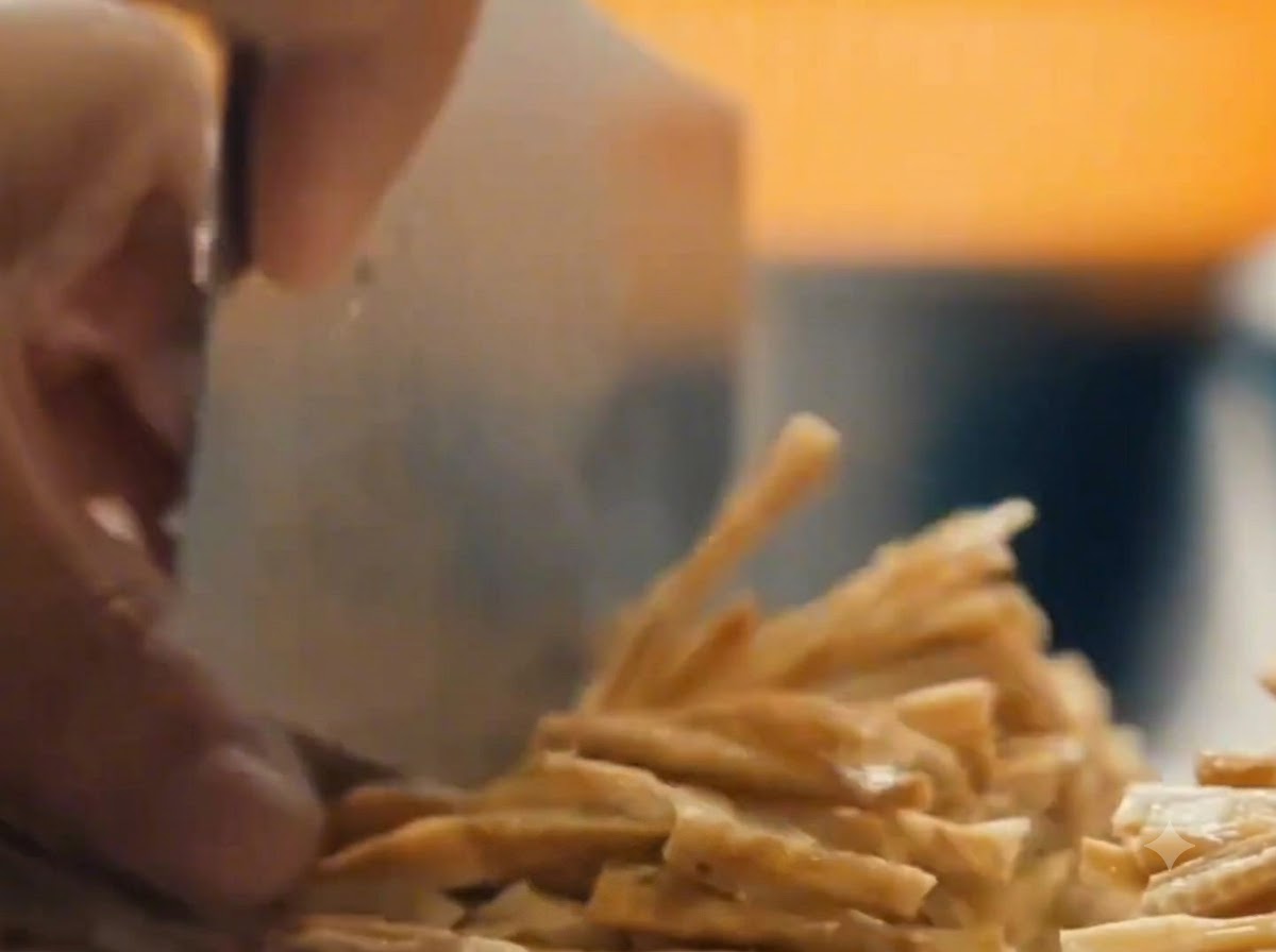 Germogli di bambù essiccati e tofu pressato tagliati a listarelle sottili su un tagliere.