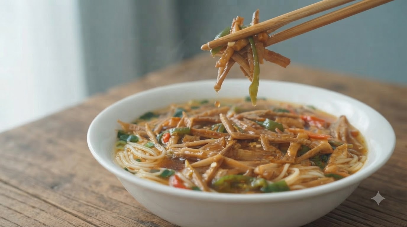 Una ciotola fumante di noodle asiatici guarniti con germogli di bambù essiccati saltati in padella, peperoni verdi freschi e peperoncini rossicite: 1.