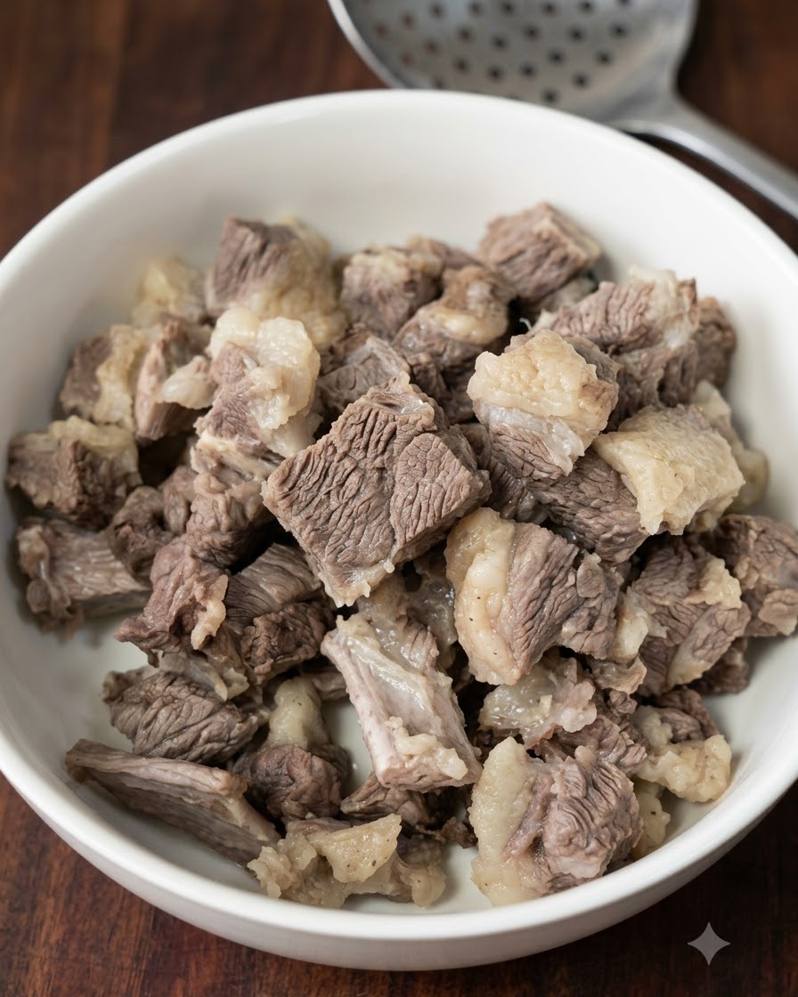 Pezzetti di manzo sbollentati raccolti allinterno di una ciotola bianca con una schiumaiola appoggiata sopra.