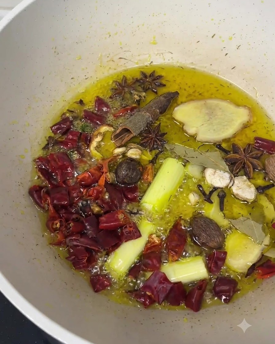 Fette di zenzero, cipollotti, anice stellato e peperoncini rossi secchi che sfrigolano in olio bollente.