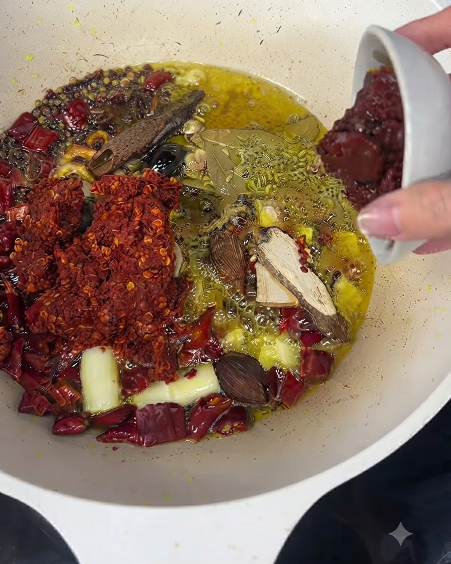 Pasta doubanjiang rosso scuro versata da una piccola ciotola bianca nelle spezie in cottura.
